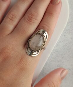 Anel Ajustável Prateado Alpaca Quartzo Rosa