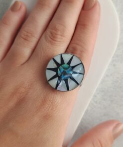 Anel Ajustável Prateado Alpaca Abalone e Madrepérola