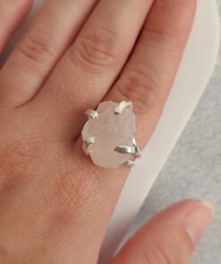 Anel Ajustável Prateado Quartzo Rosa