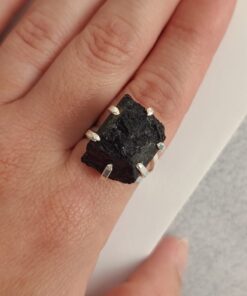 Anel Ajustável Prateado Turmalina Negra