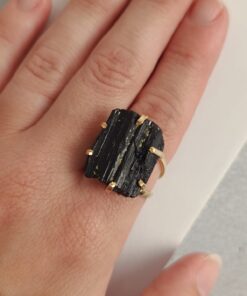 Anel Ajustável Dourado Turmalina Negra