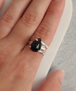 Anel Ajustável Prateado Obsidiana