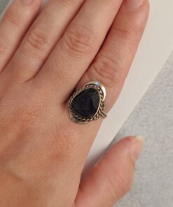 Anel Ajustável Prateado Alpaca Turmalina Negra