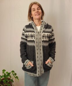 Agasalho Peruano Com Zíper, Capuz e Bolsos