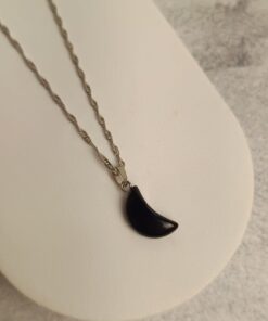 Pingente Prateado Obsidiana Meia Lua
